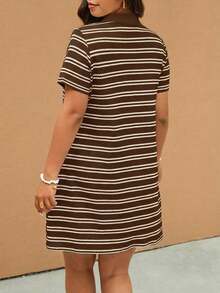 Elaquor Vestido casual holgado de manga corta raglán con media cartera a rayas para tallas grandes - Gris - Ver 9