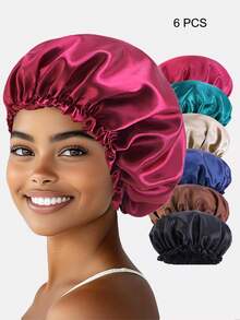 3pcs Women's Solid Color Lace Satin Sleep Cap, Faux Silk Hair Care Cap For Daily Use,Holiday,Festival - Black/Coffee/Khaki - View 13