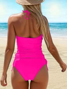 Women'S I Can Buy Myself Flowers Halter Neck Two-Piece Tankini Swimsuit, High-Stretch Pink White Print Beachwear - 玫瑰紅 - 查看 3
