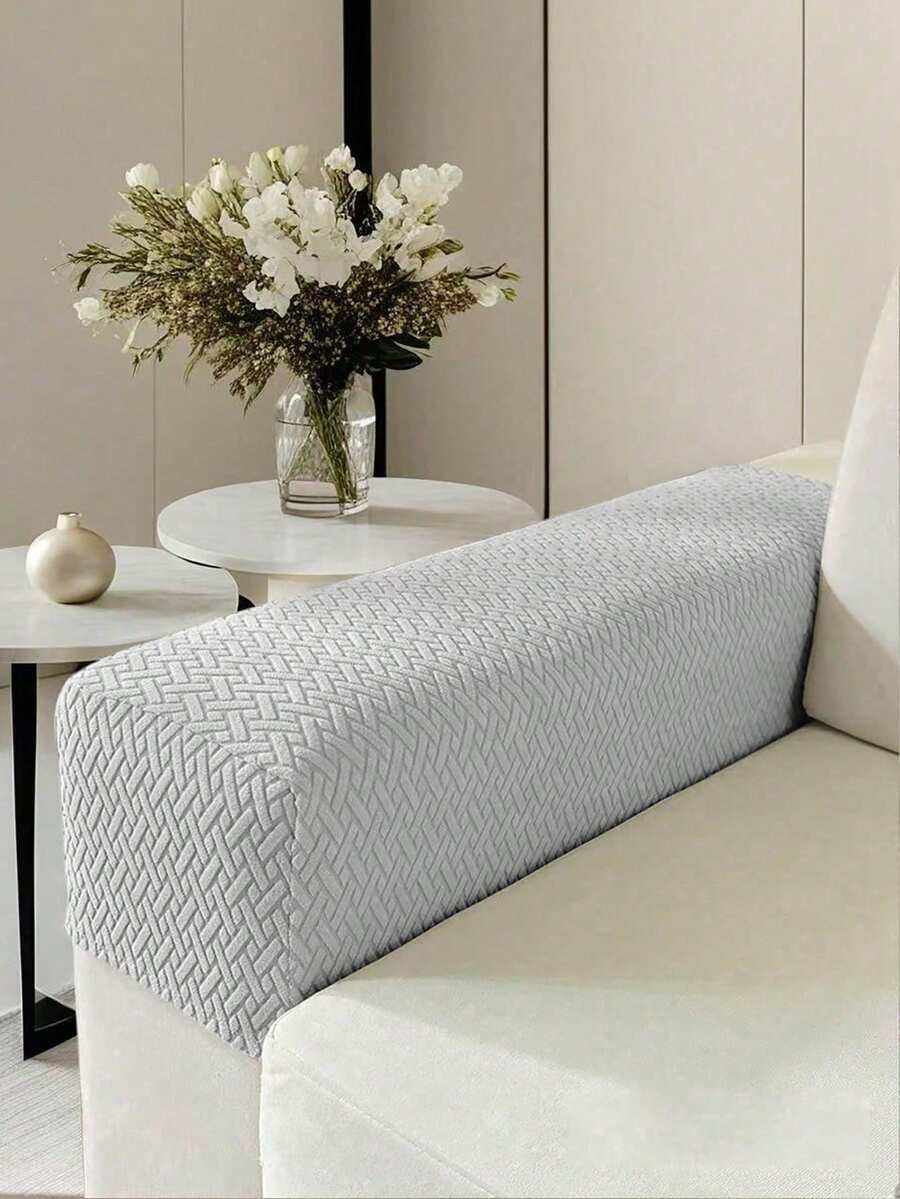 2件装抽象格子沙发扶手套，实用耐用通用短款扶手套 - 淺灰色 - 查看 1