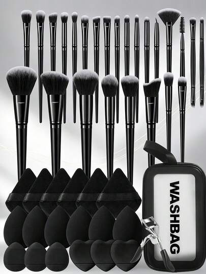 40 piezas Juego completo de herramientas de maquillaje, 23 piezas Brochas de maquillaje profesionales suaves y esponjosas, Esponjas de maquillaje surtidas y borlas de polvo mixtas, Diadema para el cabello, Muñequeras suaves, Herramienta de limpieza de brochas de maquillaje y rizador de pestañas, Kit de accesorios de belleza y cosmética multifuncional para maquillaje diario
