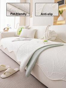 1pc Ice Silk Solid Color Sofa Cover, Cooling Breathable Washable Fade-Resistant Material, Pet-Friendly Durable, Indoor Outdoor Holiday Party Decor, Fits 1/2/3/4 Seater Armrest Backrest - Beige - View 1