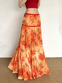 Chân váy maxi dáng chữ A in hoa phong cách boho thanh lịch của YeonC dành cho nữ, chất liệu polyester co giãn cao, hơi xuyên thấu, dáng dài thướt tha, kiểu dáng thường ngày. - trái cam - Xem 6