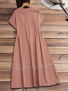 Vestido casual de verano de unicolor con cuello en V y manga corta para mujer de talla grande - Rosa vieja - Ver 3