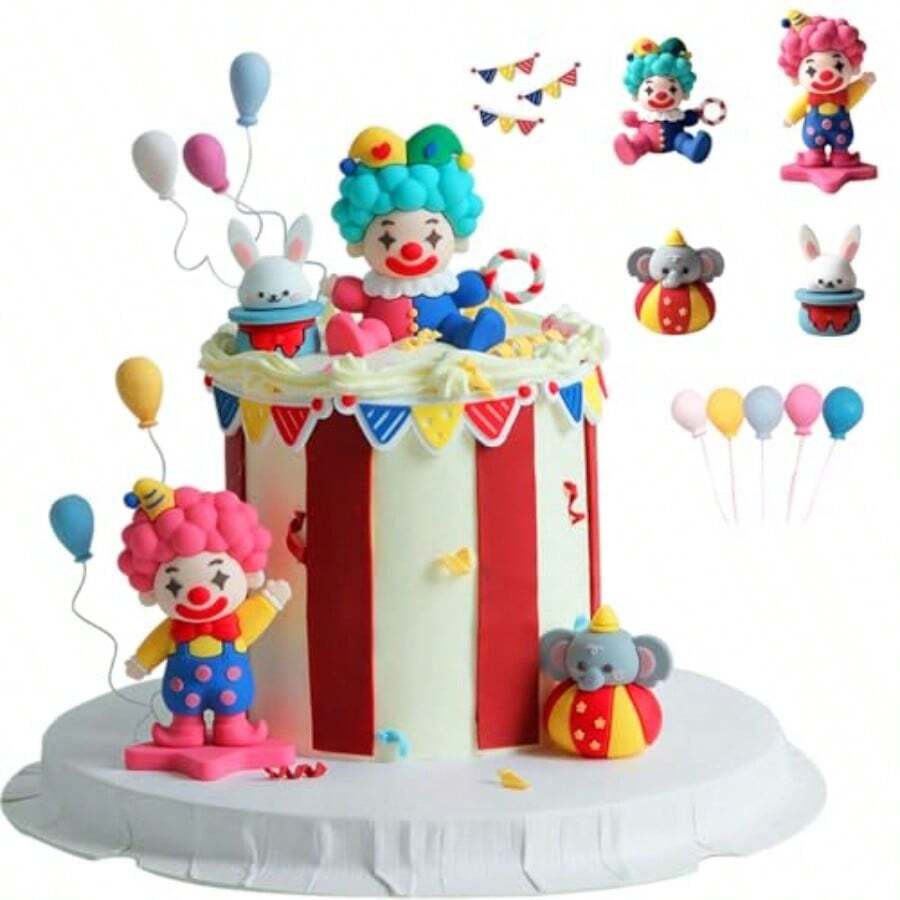Vibrant Circus Theme Cake Toppers - Clown Elephant Balloon And Rabbit Birthday Cake Decorations Carnival Celebration Cakes Topper - như hình - Xem 1