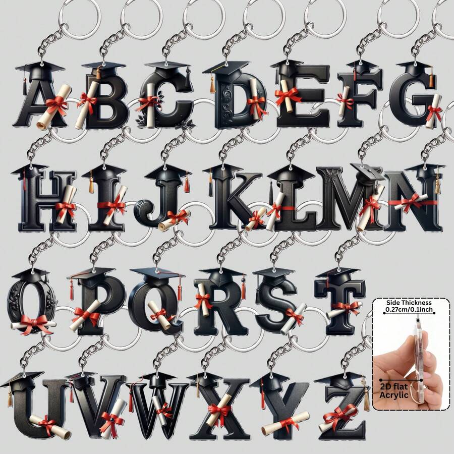 2026毕业帽造型钥匙扣，2D平面印刷，黑色字母图案，亚克力材质，适合作为背包挂饰、毕业礼物、派对礼物、节日礼物、教师节礼物、生日礼物、母亲节礼物等，可爱钥匙圈挂件。 - 黑色 - 查看 1