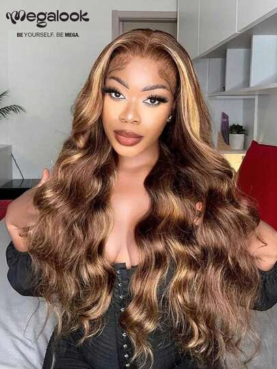 MEGALOOK 高光金色13x4蕾丝前假发，100%真人发，波波头，透明蕾丝，钢琴色，预拔发际线，20-28英寸，适合女性，可用于生日派对、办公室、圣诞派对、角色扮演、复活节礼物、发饰、生日宴会等场合。