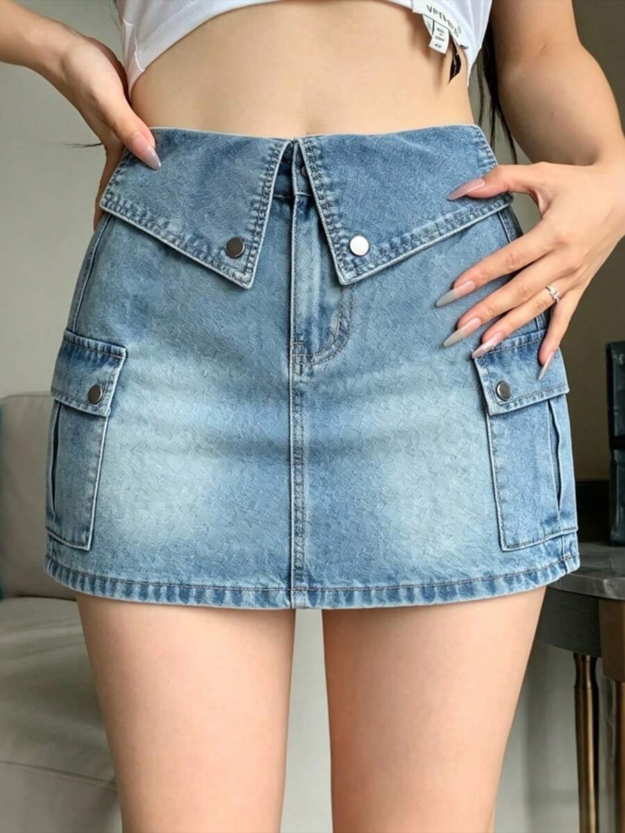 女士夏季休闲束口腰带工装口袋牛仔迷你裙 - 淺色水洗藍 - 查看 1