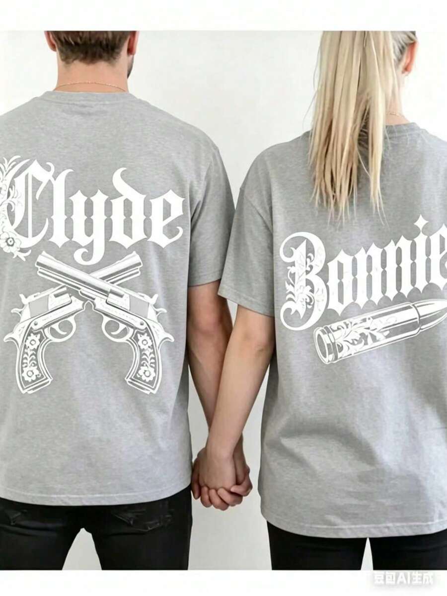 Couple Matching Gothic Bonnie And Clyde Print Hoodie, Unisex 250g Heavyweight Fleece Drawstring Pullover, Valentine's Casual Gift Sweatshirt - 女士款灰色 - 查看 1