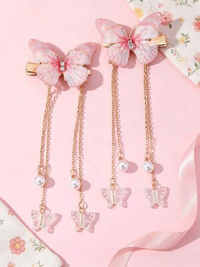 2pcs Girls Fashion Colorful 3D Butterfly Pearl Tassel Hairclips, Vintage Butterfly Hair Clips Headpiece Set, Suitable For Daily, Festival, Party Decoration