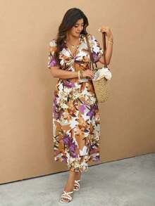 Elaquor Vestido casual de vacaciones de talla grande con cuello en V y cintura ceñida - Multicolor 4 - Ver 11