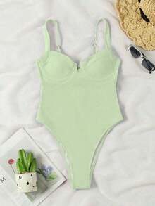 Traje de baño body elegante y sexy de cuello en V rojo, de llegada nueva primavera/verano de Polovedo, para playa, fiesta, cita, vacaciones - Verde - Ver 2
