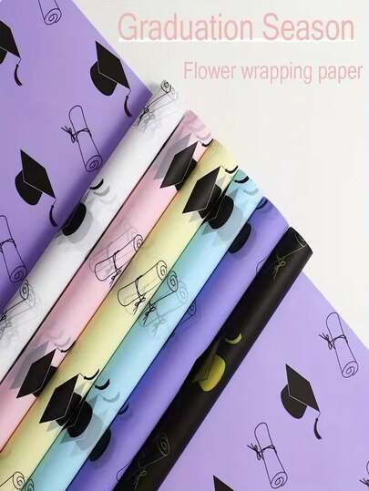 5pcs Graduation Floral Pattern Gift Wrapping Paper, Flower Shop Packaging Material, Graduation Cap Design, Perfect For Graduation Season, Graduation Celebration, Suitable For Students, Friends, Sons, Daughters, Nephews, Nieces