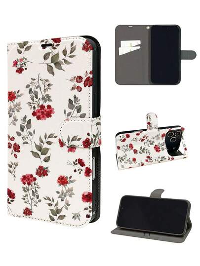 1pc New Fashion Watercolor Small Rose Pattern Full Coverage Classic Anti-Drop High-Quality PU Leather Flip Phone Case + Heart Lanyard, Foldable, Card Slot, Full-Body Protective Phone Cover With Lanyard, Suitable As Birthday/Holiday Gift For Friends, Family, Couples, Yourself, Compatible With IPhone17/IPhone17 Air/IPhone17pro/IPhone17pro Max/IPhone16/IPhone16 Plus/IPhone16pro/IPhone16pro Max/IPhone15/IPhone15 Plus/IPhone15pro/13/14/12/11