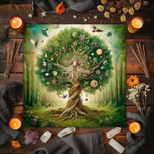 1PC Exquisite Tree Of Life Tarot Tablecloth, Colorful Polyester Altar Mat, Celestial Floral Design For Tarot Reading, Witchcraft - Multicolor - View 1