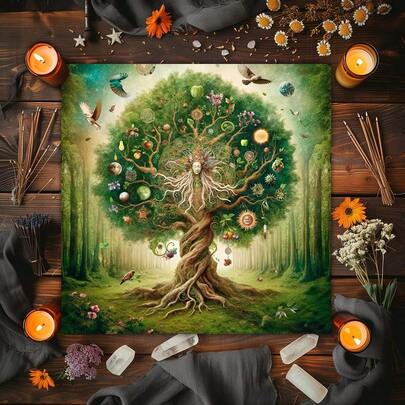 1PC Exquisite Tree Of Life Tarot Tablecloth, Colorful Polyester Altar Mat, Celestial Floral Design For Tarot Reading, Witchcraft