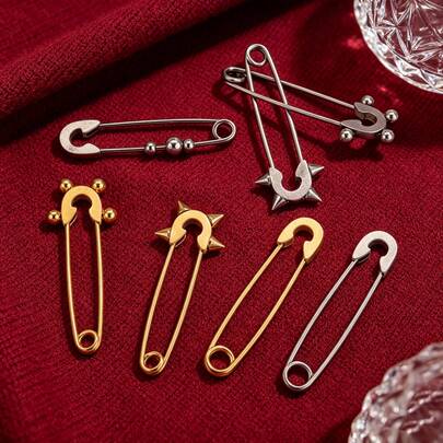 5Pcs 304 Stainless Steel Safety Pin Brooches, Gold & Silver Tone Mixed Style Spiked/Beaded DIY Jewelry Findings For Clothing & Crafts