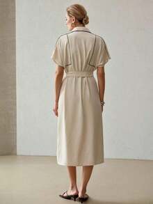 Vestido Midi Elegante con Cuello de Camisa, Costuras en Contraste, Cinturón y Abertura Frontal, Estilo Profesional para Ocasiones de Trabajo y Eventos Diarios - Albaricoque - Ver 6