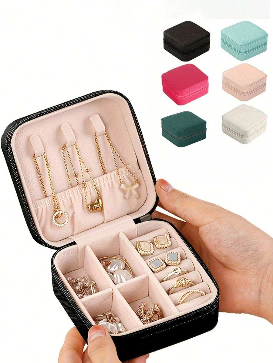 1pc Travel Jewelry Box, Mini Jewelry Organizer, Zipper Jewelry Box, Portable Jewelry Box, Leather Jewelry Organizer, Travel Storage Accessories, Travel Essentials, Suitable For Rings, Bracelets, Earrings, Etc., Holiday Gift, Room Decor - Jewelry Box - View 1
