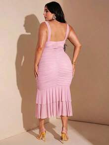 Vestido midi ajustado con cuello en V, volantes y pliegues para mujer de talla grande, vestido de fiesta para vacaciones - Rosa Pálido - Ver 3