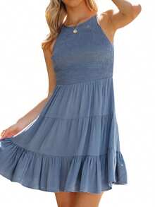 Women's Casual Dress, Round Neck Sleeveless Solid Color Pullover Ruched A-Line Mini Dresses - Blue - View 7