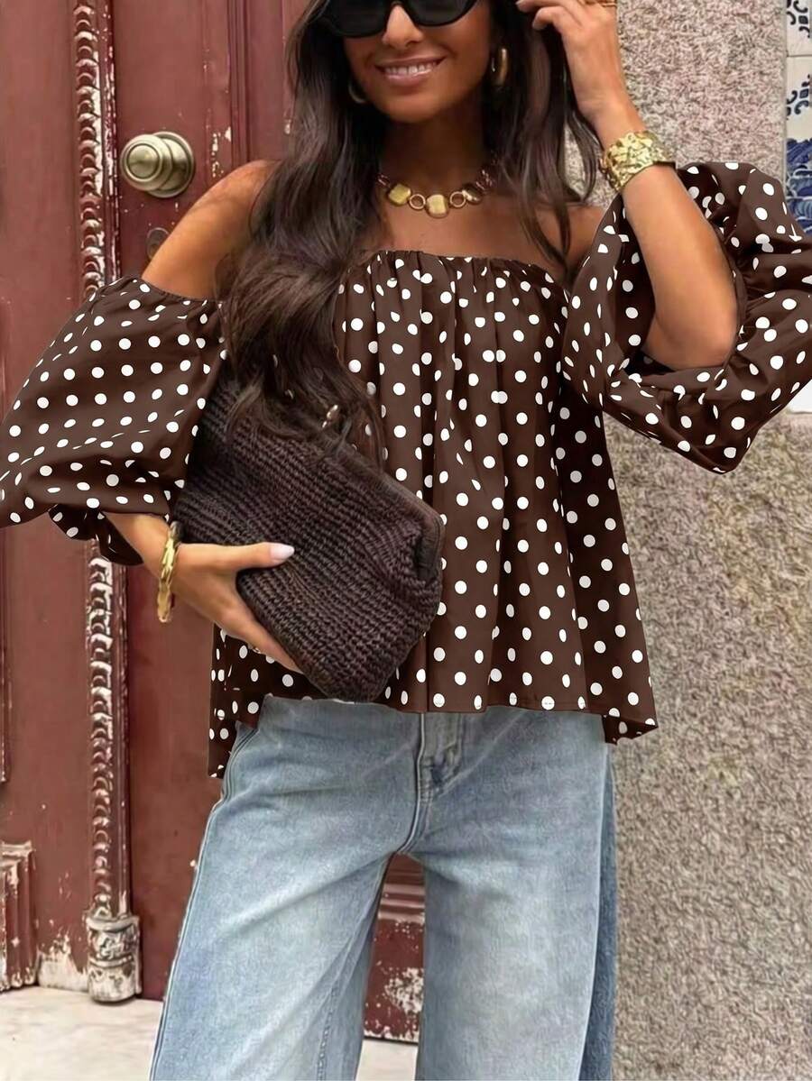 Women's Summer Casual Retro High-End Loose Off-Shoulder Round Dot Contrast Color Blouse, Suitable For Home And Daily Wear Vacation - Coffee Brown - View 1