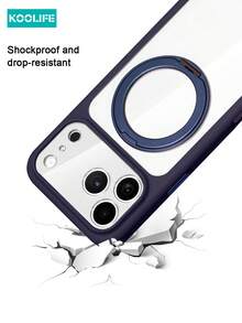 Koolife 1pc Navy Blue Magnetic Phone Case, PC+TPU Anti-Yellowing Protective Case, 360° Rotatable Ring Holder, Compatible With MagSafe, Matte Frame Transparent Backplate, Suitable For Apple 17/17 Pro/17 Pro Max - Blue - View 7