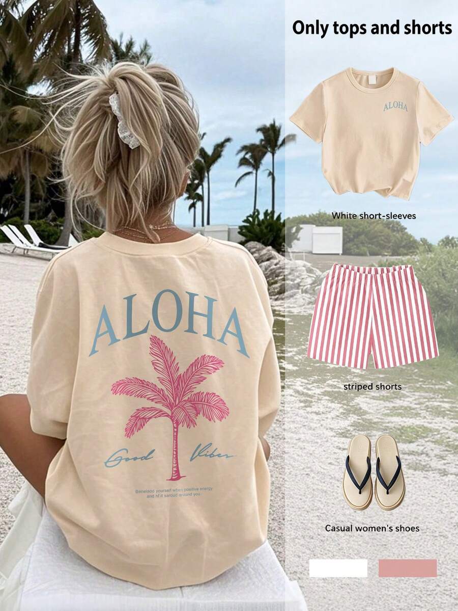 2pcs/Set Girls Summer Casual Minimalist Letter & Tree Print Round Neck Short Sleeve T-Shirt + Random Patchwork Striped Shorts Set, Comfortable & Fashionable - Multicolor - View 1