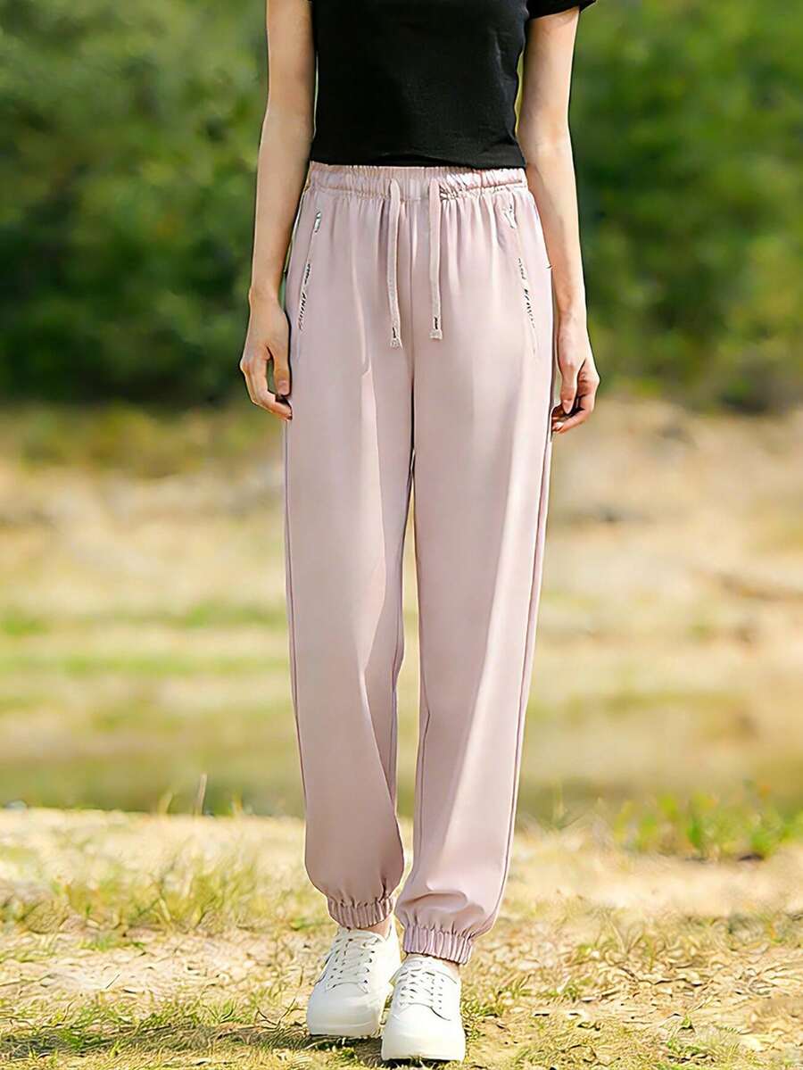 1pc Women's Lightweight Ice Silk Sports Jogger Pants, Breathable Casual Trousers Suitable For Outdoor Recreation, Hiking - Hot Pink - View 1