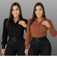 Set Of 2 Women's Fashionable Dress Shirts, One Of Each Color - KIT 2 社交焦糖色與黑色單色 - 查看 1