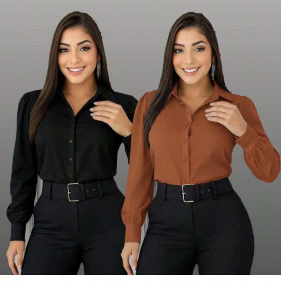 Set Of 2 Women's Fashionable Dress Shirts, One Of Each Color - KIT 2 社交焦糖色與黑色單色 - 查看 1