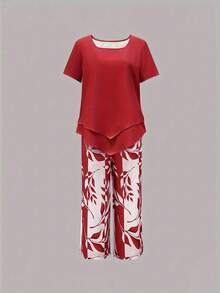 2026 New Women's Casual Solid Color Short-Sleeve Top + Plant Print Shorts, First Choice Casual Sports And Beach Wear, Loose And Comfortable, Suitable Travel Outfits - 紅色 - 查看 2