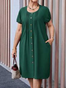 Vestido casual plisado de manga raglán de cuello redondo y manga corta de unicolor talla grande - Verde Oscuro - Ver 6