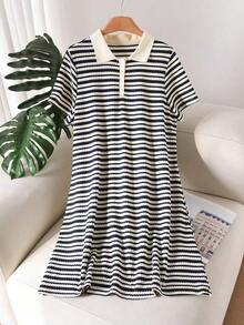Elaquor Vestido casual holgado de manga corta raglán con media cartera a rayas para tallas grandes - Azul marino - Ver 6