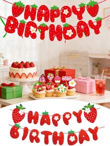 1件/3件/草莓主题派对装饰，“生日快乐”横幅，生日派对装饰，草莓主题宝宝生日用品；完美适用于新娘送礼会、周年纪念日、生日装饰、派对背景、最佳礼物、节日装饰、派对花环、季节性装饰、横幅/彩带、丝带、餐桌中心装饰品和艺术墙 - 多色 - 查看 1