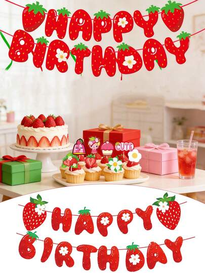 Strawberry Party Decorations, "Happy Birthday" Banner, Birthday Party Decorations, Strawberry Theme Baby Shower Supplies