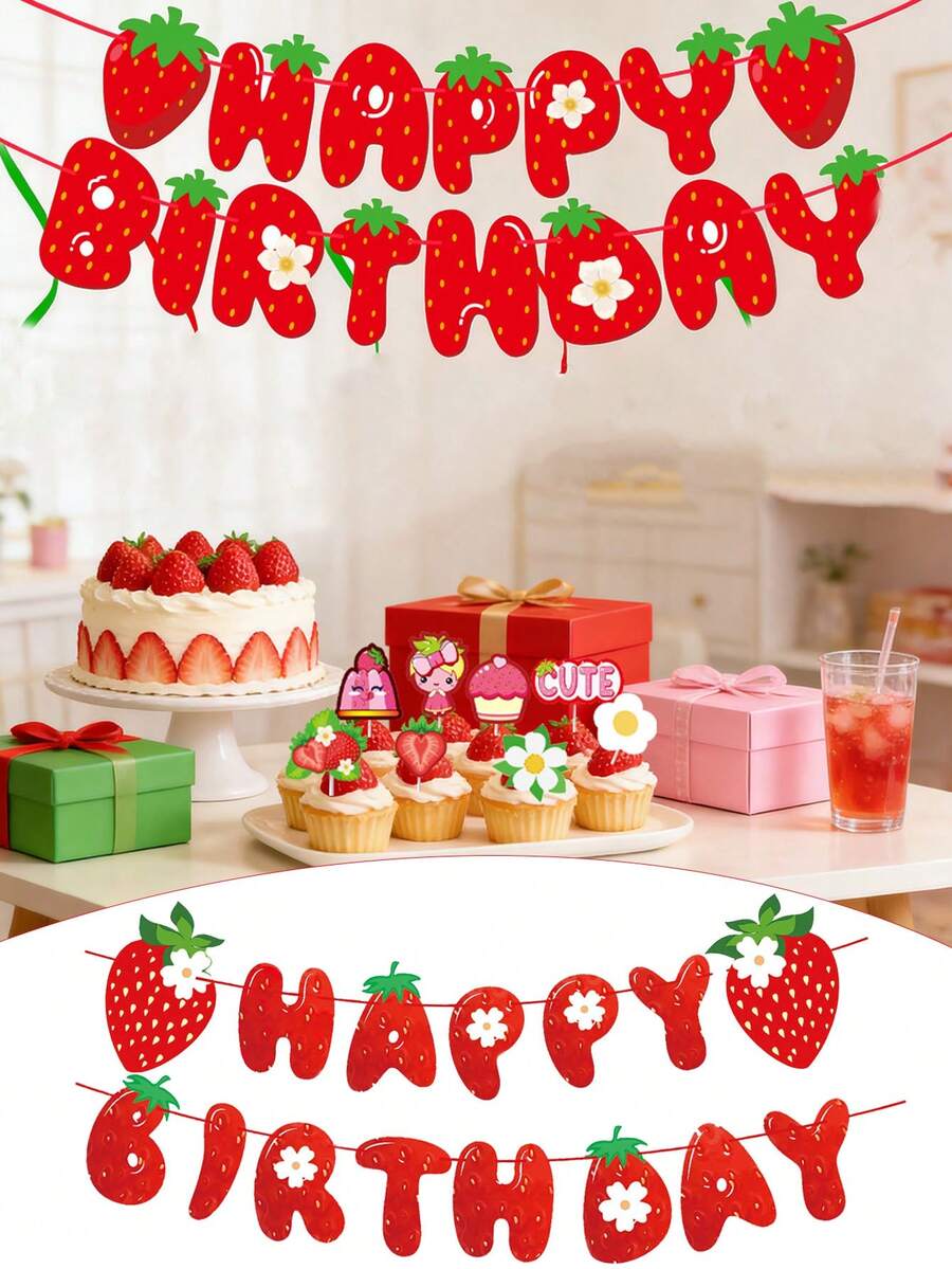 1件/3件/草莓主题派对装饰,“生日快乐”横幅,生日派对装饰,草莓主题宝宝生日用品;完美适用于新娘送礼会、周年纪念日、生日装饰、派对背景、最佳礼物、节日装饰、派对花环、季节性装饰、横幅/彩带、丝带、餐桌中心装饰品和艺术墙 - 多色 - 查看 1