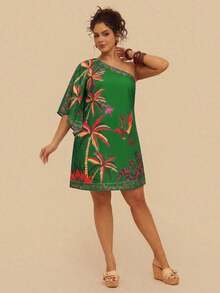 Vestido mini casual de talla grande con estampado tropical botánico y hombros asimétricos, azul marino, adecuado para verano y otoño - Verde - Ver 5