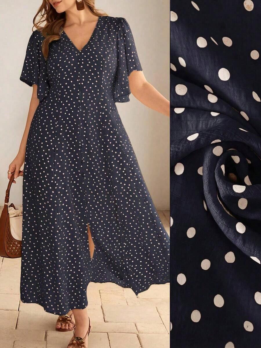 Roveilla Vestido maxi de mujer talla grande con cuello en V, lunares románticos, ajuste de cintura con botones, dobladillo con abertura, mangas abullonadas. Elegante, de estilo retro francés, formal, para oficina, casual, vacaciones, té de la tarde, minimalista y versátil. Nuevo para primavera/verano - Azul marino - Ver 1