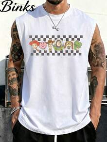 Men's Toy Story EST. 1995 Group Character Checkered Sleeveless Tank Top Retro Disney Muscle Tee - 白色 - 查看 3