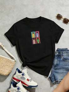 Camiseta de manga corta con cuello redondo suave y casual de verano para mujer, tops para salir, vintage, Gen Z, tops, curvas, ropa Y2K, algodón, Italia, Grecia, tops de mujer, tops bonitos, camisetas gráficas, conjuntos de primavera, estilo callejero americano, casual deportivo, estilo unisex, estilo casual urbano, casual, jersey, camisetas holgadas, ropa de calle retro, estilo de los 90, estilo de los 2000, subcultura, estilo europeo, tops negros, tops blancos, conjuntos de fiesta de los 90. Negro - Negro - Ver 3