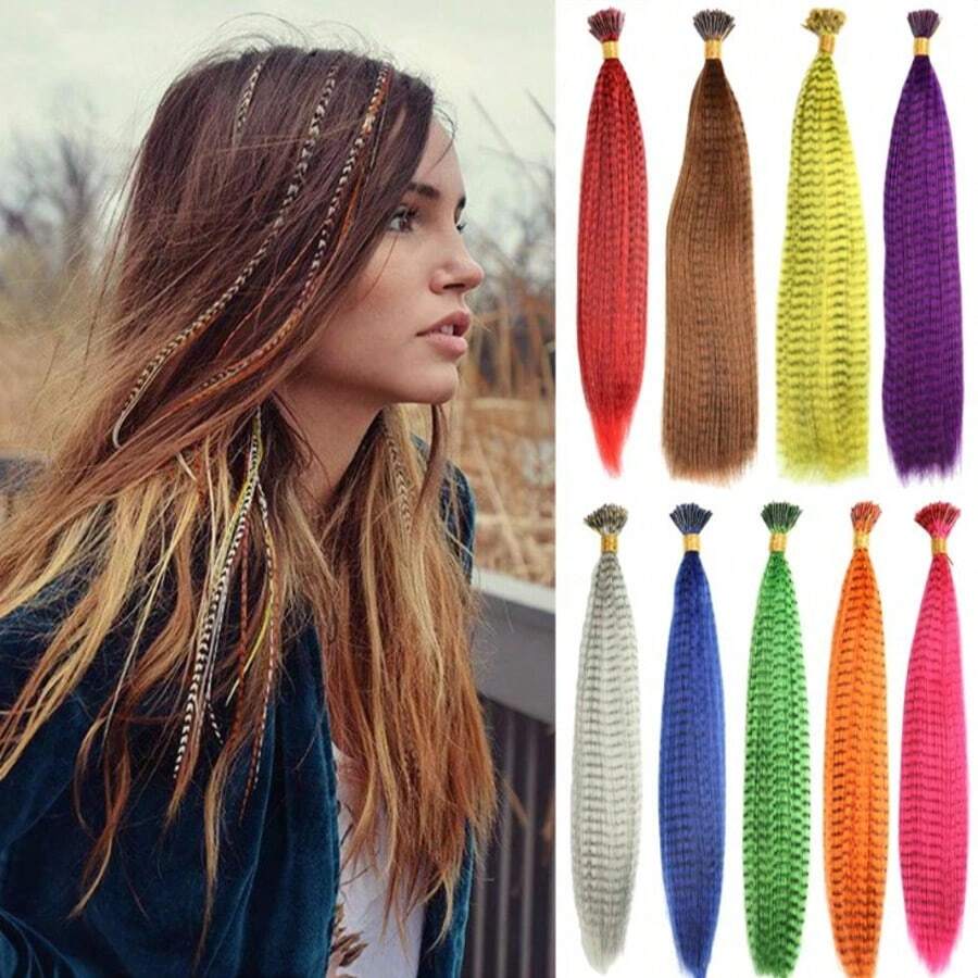 Feather Hair Extension 10Pieces Fake Hair I Tip Rainbow Synthetic Hair 16inch Hairpiece Feather For Hair Extension - Multicolor - View 1