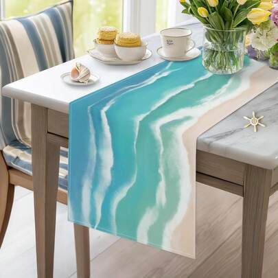 Camino de mesa con tema de océano azul y verde, adecuado para uso en interiores/exteriores, cocina, comedor, decoración de fiestas en el hogar