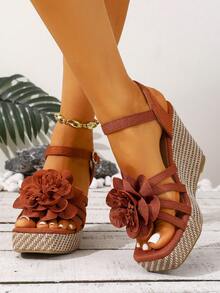 New Thick Platform Wedge Sandals, Comfortable Versatile Hollow-Out High Heel Sandals - Brick Red - View 2