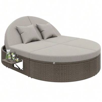 Rattan Doppel-Liege, Outdoor Sofa Bed, Garden With Two Regal, Sonnenliege Doppelliege 2 Personen Klapptisch,Garten Relaxliege,Rattan Doppel-Liege,Individuell Einstellbarer Winkel Outdoor-Sofa