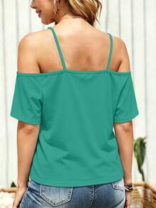 1pc Colorblock Leopard Print Patchwork Knit Fabric Sleeveless T-Shirt, Suitable For Vacation & Beach In Summer Casual - Turquoise - View 7