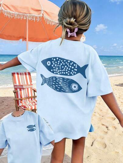 1pc Tween Girl Printed Short Sleeve T-Shirt, Student Youth Clothing, Summer Gift For Kids