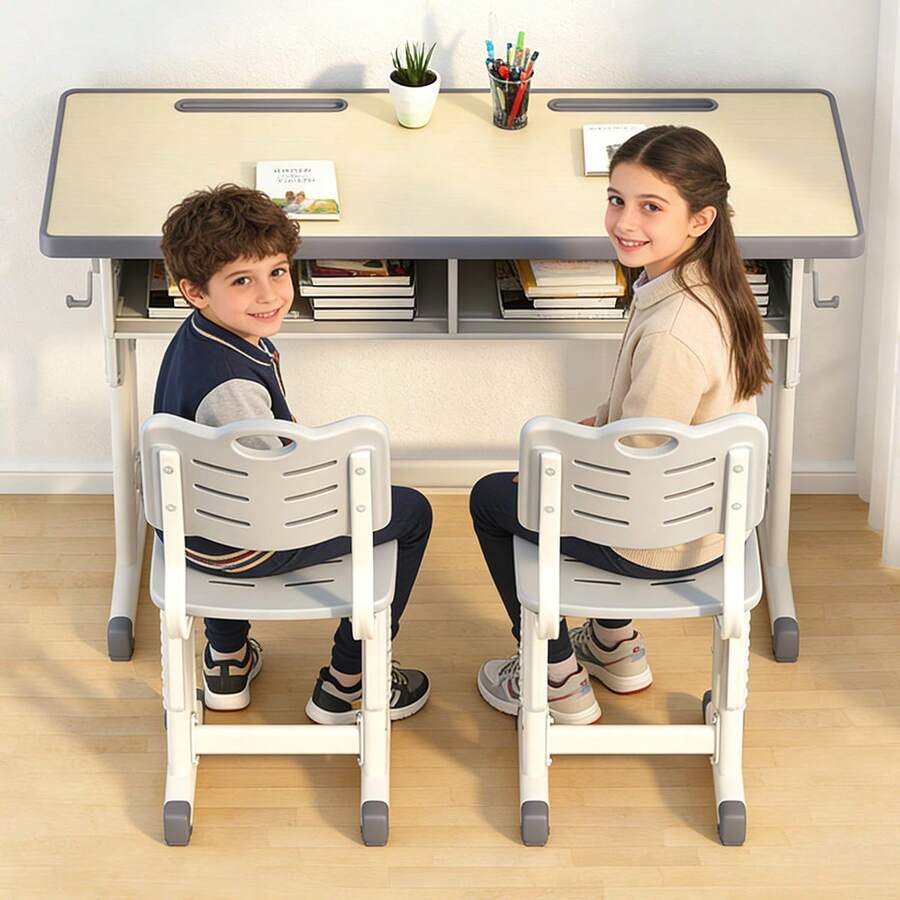 Escritorio Y Silla Para Niños Dos Personas De Altura Ajustable 120cm,color Madera Natural La Altura Puede Subir Y Bajar - A - Ver 1