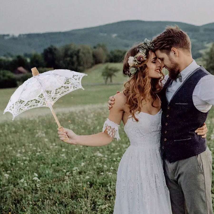 1 chiếc dù che nắng ngoài trời bằng ren, dù che nắng bằng lụa kiểu cung điện cổ điển, tay cầm bằng gỗ, kiểu dáng cung đình. - Ren trắng - Xem 1