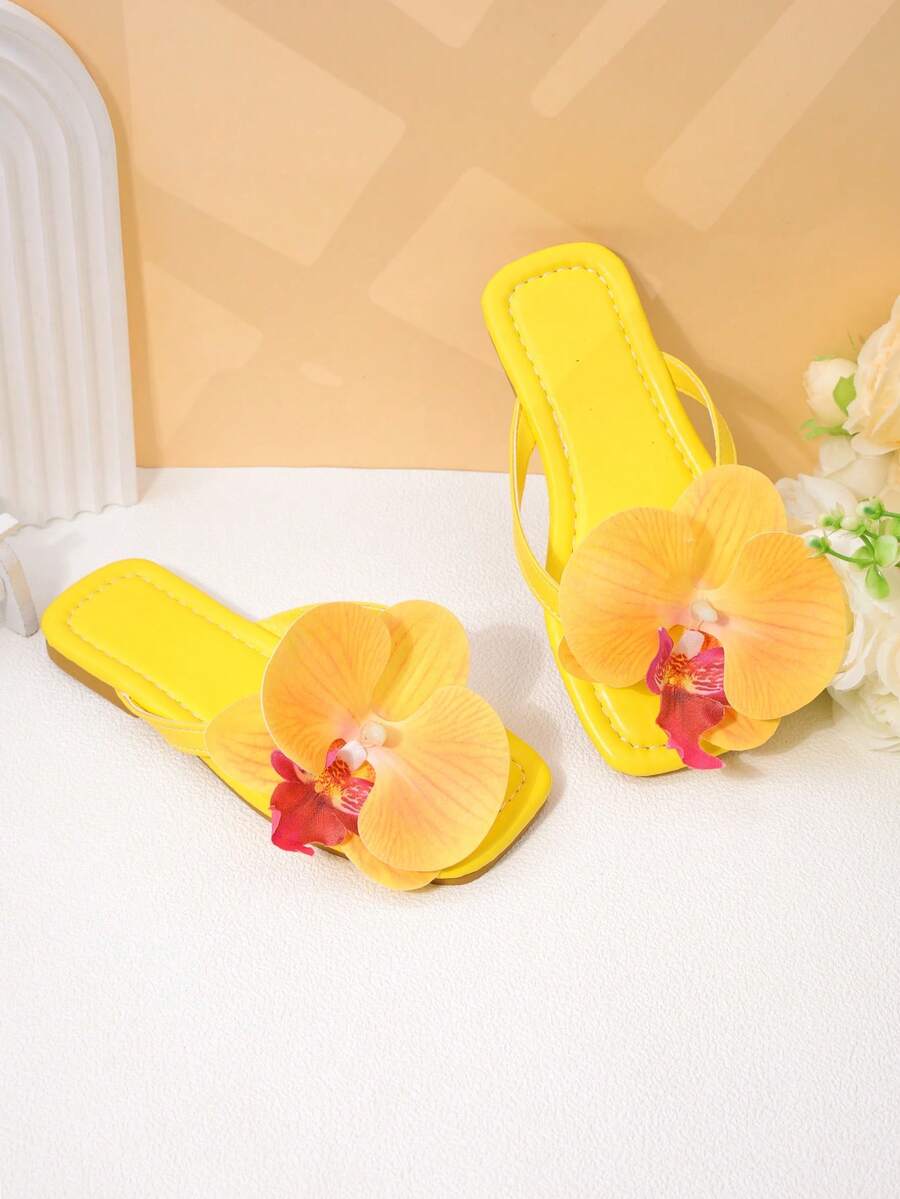 2026 New Girls' White Butterfly Orchid Decor Flip-Flop Sandals, Suitable For Summer Vacation - Yellow - View 1